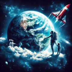 Fototapeta premium an astronaut in a spacesuit flies in space against the backdrop of the earth
