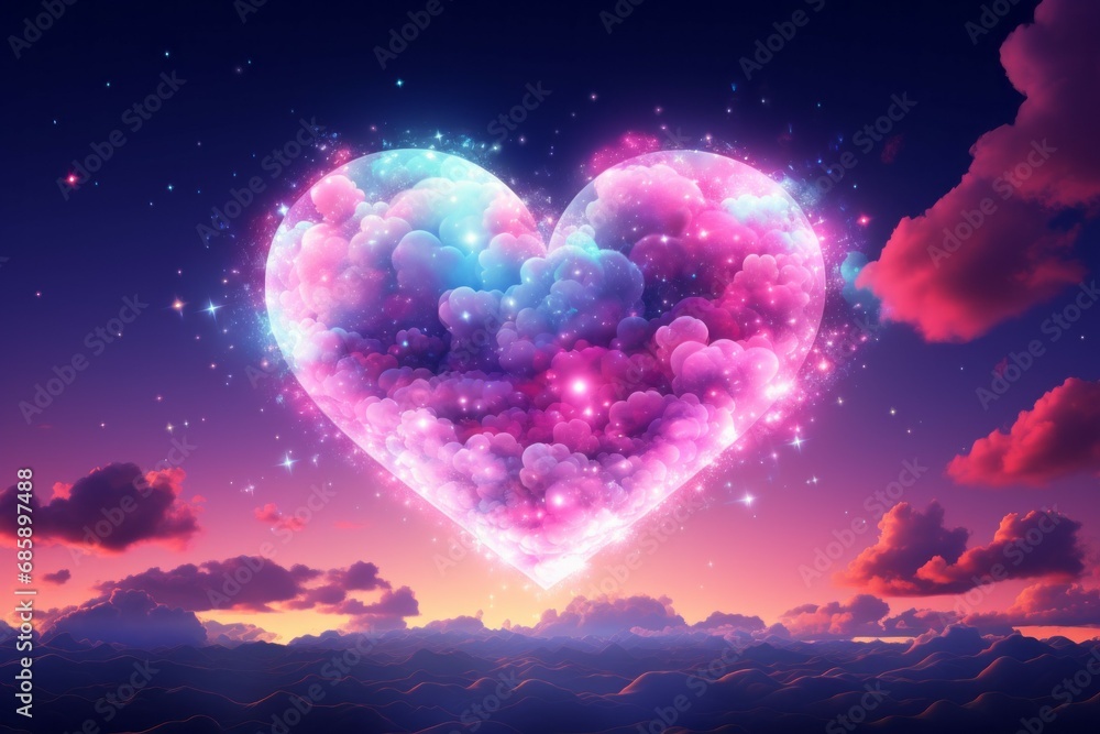 Poster abstract heart in the sky with clouds. background with selective focus and copy space