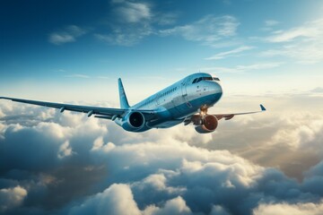 Airplane in the blue sky. Background with selective focus and copy space