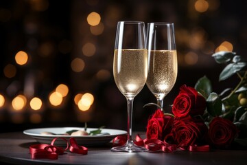 Champagne in the romantic atmosphere of lovers. Background with selective focus and copy space - obrazy, fototapety, plakaty