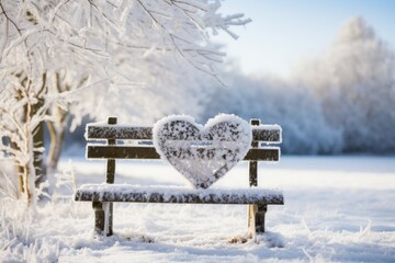 A bench in a winter park as a symbol of romantic meetings. Background with selective focus and copy space