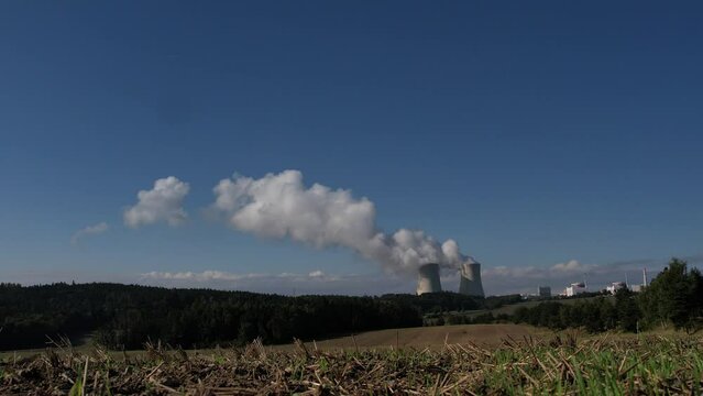 Nuclear power palnt Temelin Czech republic cooling towers steaming energy production,Europe,green deal, panorama landscape view by Ceske Budejovice
