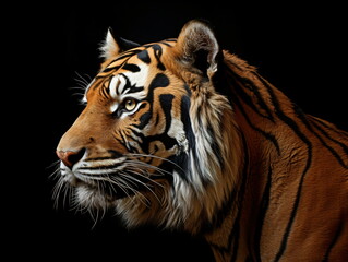 A side view tiger portrait on a black background
