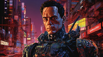 A man in a cyber suit standing in the middle of a city