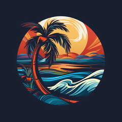 Fototapeta na wymiar A circular logo sunset with a palm trees