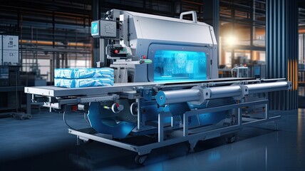an automatic industrial machine in action, packaging products and food on an automated packaging line with plastic film, conveying the efficiency and of machinery in the product packaging process.