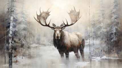 A watercolor painting of a moose in a snowy forest