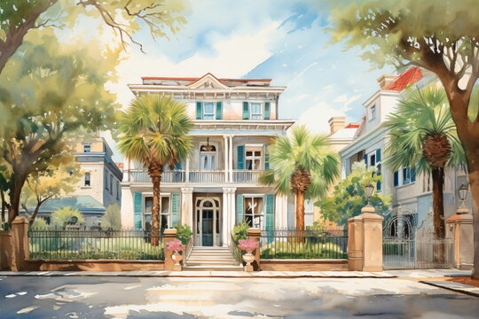 A watercolor painting of a white house with palms outside