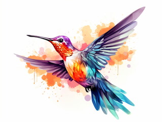 A colorful hummingbird watercolor flying in the air isolated on a white background