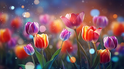 Colorful tulip flowers on a blurry background - obrazy, fototapety, plakaty