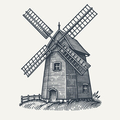 Quaint Small Farm Windmill in Delicate Woodcut Style © RetroVector