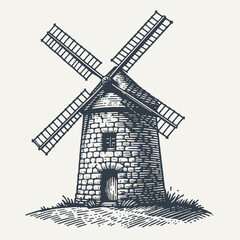 Stone Windmill in Delicate Woodcut Style © RetroVector