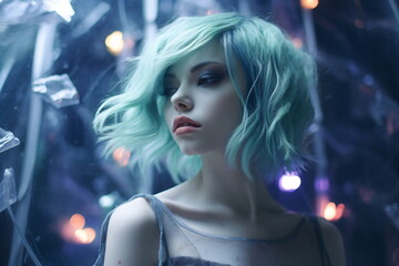Fototapeta premium A young woman with green hair pale skin and a pointy nose