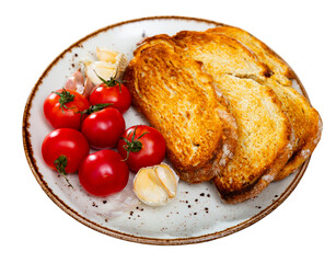 Preparation of appetizing Catalan tapas Pan con tomate — grilled bread topped with mixture of...