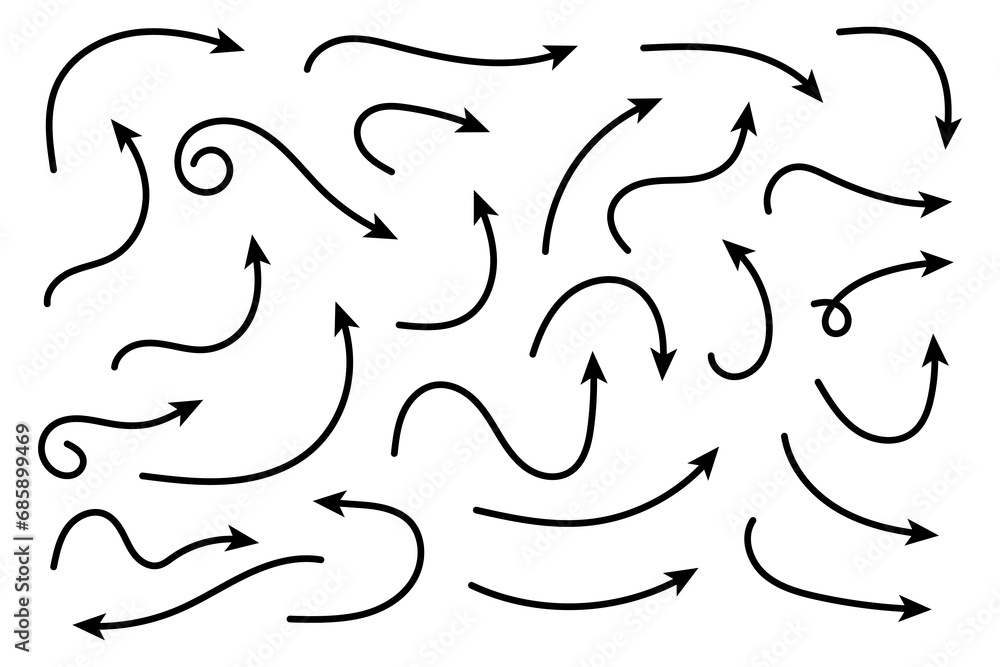 Poster set of vector curved arrows hand drawn. sketch doodle style. collection of pointers.