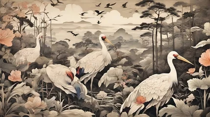 Foto op Plexiglas flock of birds drawing wallpaper of a landscape of birds crane in the middle of the forest in Japanese vintage style created with generative ai   © Chaudhry