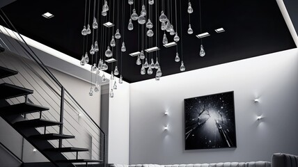 chandeliers hanging in a bedroom, featuring a wire black glitter ceiling design, the loft interior details in a white modern minimalist style to emphasize the fusion of elegance and simplicity.