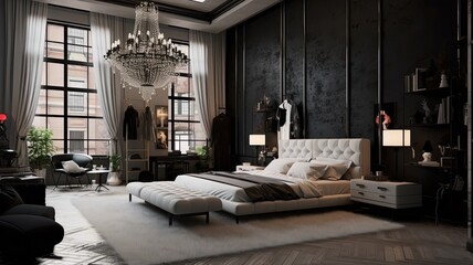 chandeliers hanging in a bedroom, featuring a wire black glitter ceiling design, the loft interior details in a white modern minimalist style to emphasize the fusion of elegance and simplicity.