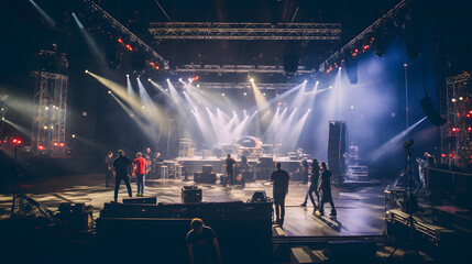 Concert crew preparing stage in a behind the scenes view