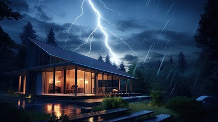 a lightning rod on the roof of a modern house, showcasing the essential safety feature designed to protect the structure from lightning strikes. - obrazy, fototapety, plakaty