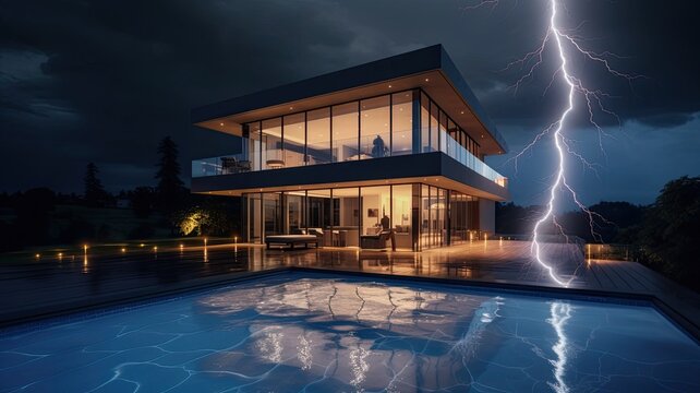 a lightning rod on the roof of a modern house, showcasing the essential safety feature designed to protect the structure from lightning strikes.