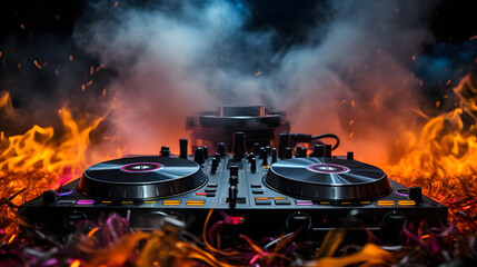 DJ equipment close-up with colorful lights in a smoky setting