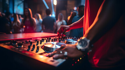DJ hands adjusting controls on mixing deck at a party - obrazy, fototapety, plakaty