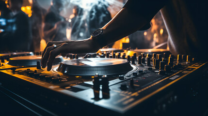 DJ hands adjusting controls on mixing deck at a party