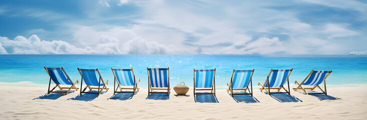 Deck chairs beach, sandy beach, Summer mood, sunbed vacation, lounge chairs, vacation background