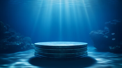 Deep blue round podium with underwater oceanic background for display