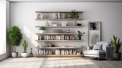 Fototapeta na wymiar a bookcase with carefully arranged books, accompanied by a potted plant, within a white interior.