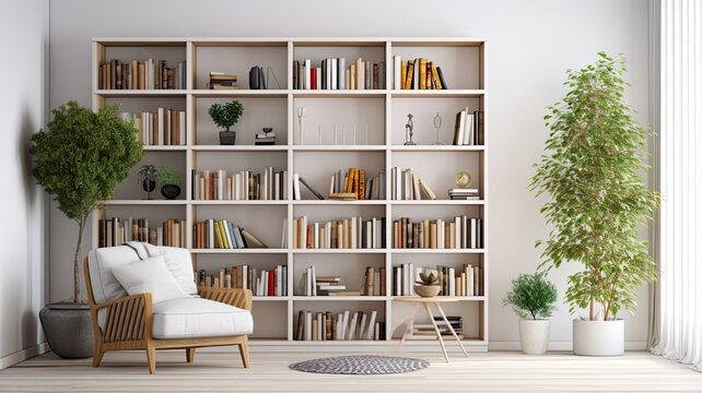 a bookcase with carefully arranged books, accompanied by a potted plant, within a white interior.