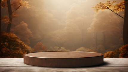 Earthy brown round podium with autumn forest background for display