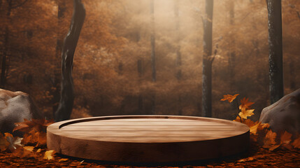Fototapeta premium Earthy brown round podium with autumn forest background for display