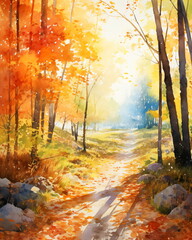 Obraz premium A watercolor painting of a path in the woods covered in orange leaves