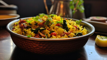 A bowl filled with biryani rice and vegetables on top of a table