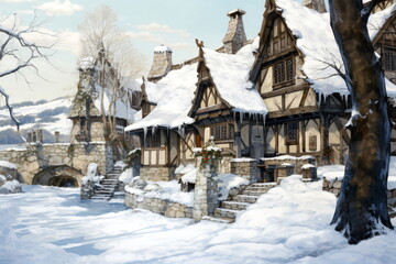 An old village covered in snow adorned by christmas watercolor concept art