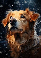 Young and beautiful golden retriever sitting at the snow. The dog barking in the snow