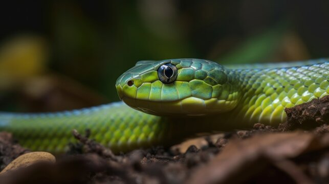 Close up of a green pit viper snake (Xenochrophis viridis). Reptile . Snake. Wilderness Concept. Wildlife Concept.