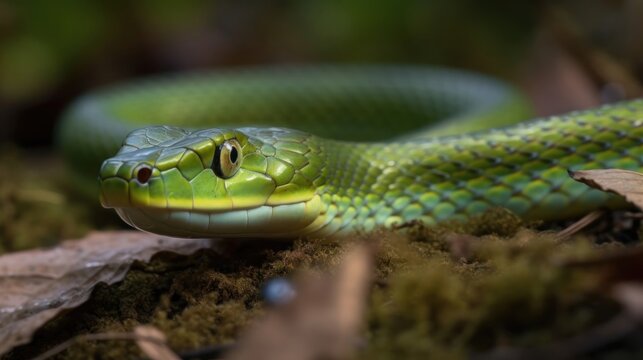 Close up of a green pit viper (Ptyas lutea). Reptile . Snake. Wilderness Concept. Wildlife Concept.