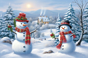 Obraz premium A pencil drawing of a couple of snowmen standing next to each other