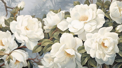 An oil painting of white flowers with green leaves
