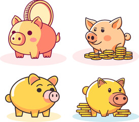 Piggy Bank Flat Illustrations Collection. Perfect for different cards, textile, web sites, apps