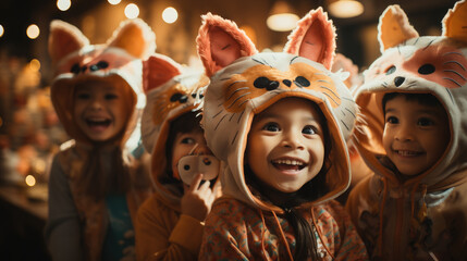 cheerful children in animal costumes at a masquerade, masks, boys, girls, kids, child, holiday, kindergarten, friends, carnival, party, emotional faces, people, portrait, childhood, festival outfit - obrazy, fototapety, plakaty