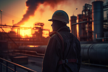 Fototapeta na wymiar Oil crude and gas refineries. Worker in a Hard construnction helmet at Oil refinery plant with smoking chimneys. Gas Processing Plant. Pipes of natural gas factory. Oil refining and Petrochemical.