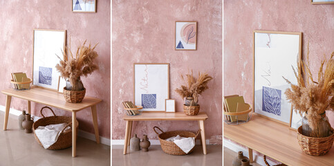 Collage of stylish living room with wooden table, books and floral decor near grunge wall