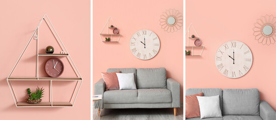 Collage of grey sofa and hanging shelves on pink wall in living room interior