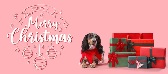 Festive banner with cute dog and many Christmas gifts