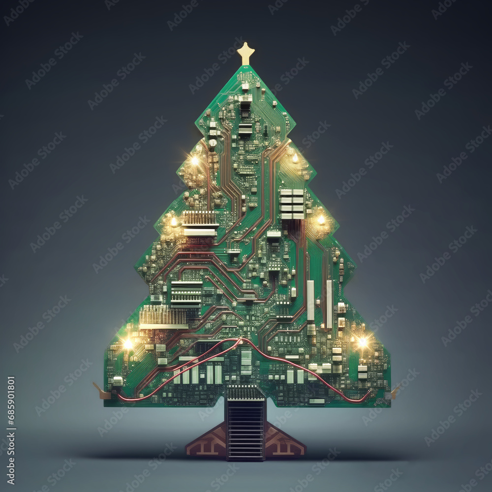 Poster christmas tree constructed from circuit boards and electronic components, against a minimal backgrou
