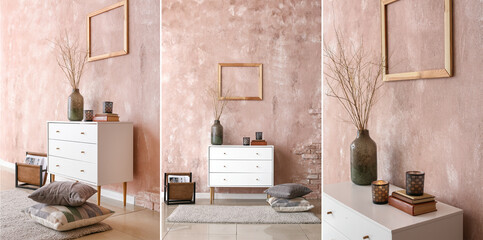 Collage of stylish living room with white chest of drawers near grunge wall